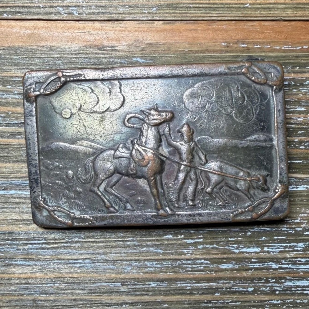 Vintage Western Cowboy Brass Belt Buckle Equestrian Rodeo Horse Calf Patina